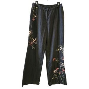 Boho Linen Wide Leg Pants Black High Rise Trousers Floral Embroidered Womens 6